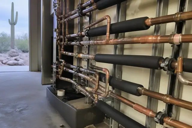 Insulated copper refrigerant lines and a VRF system manifold at a jobsite in Phoenix, AZ.