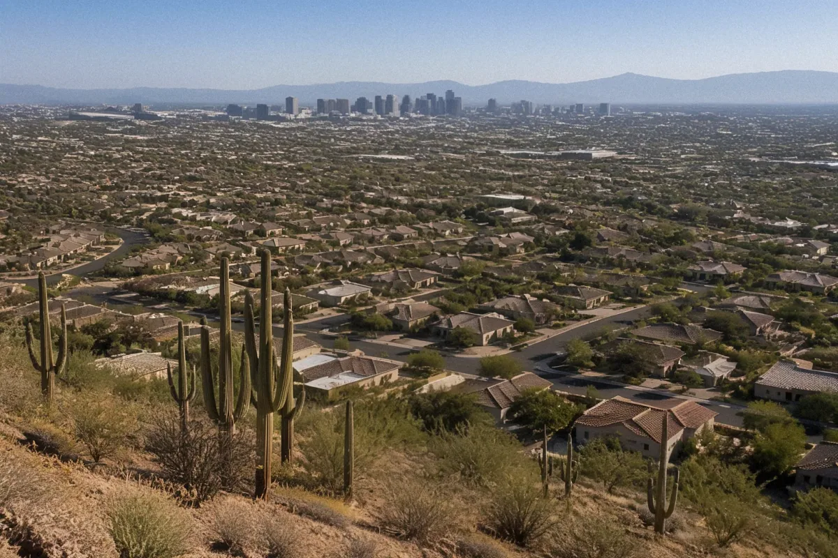 Aerial drone view of a residential neighborhood with Saguaro cacti and stucco homes in Phoenix, AZ.