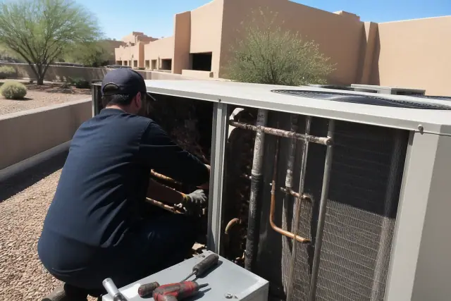 Technician performing a seasonal tune-up on a commercial HVAC condensing unit on a rooftop in Phoenix, AZ.
