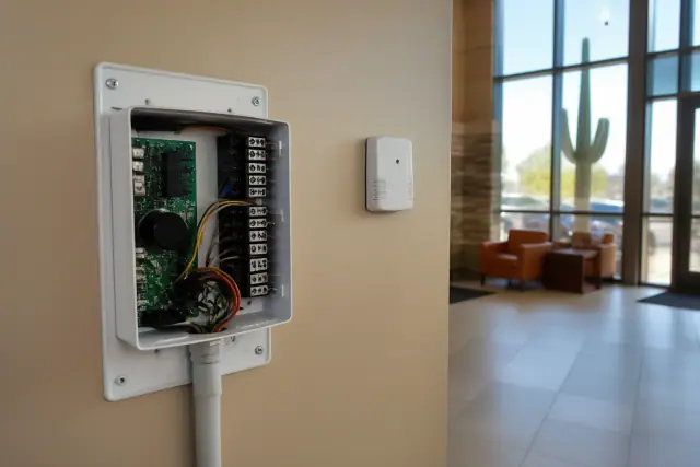 HVAC sensor and controller installation on a beige wall at a commercial site in Phoenix, AZ.