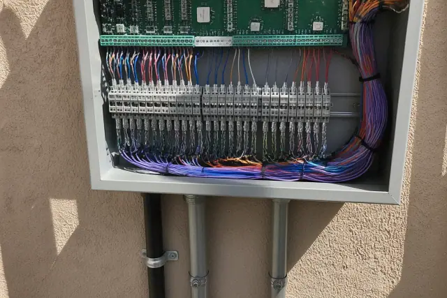 Technician's view of an HVAC control cabinet with routed communication wiring in a Phoenix, AZ utility room.