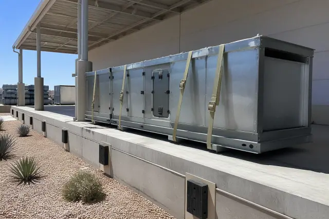 Large HVAC equipment staged on a loading dock at a warehouse job site in Phoenix, AZ.