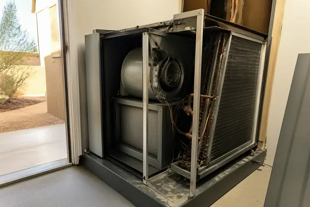 Precision cooling unit with exposed internal coils and blower assembly during maintenance in Phoenix, AZ.