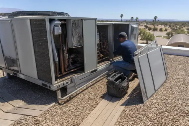 Technician performing seasonal maintenance on an open rooftop HVAC unit in Phoenix, AZ.
