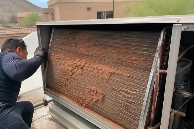 Worker cleaning dust and debris from a rooftop unit evaporator coil during maintenance in Phoenix, AZ.