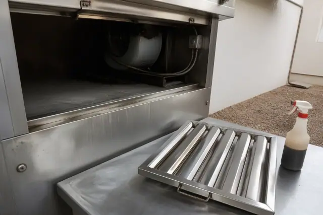 Contractor inspecting a commercial kitchen exhaust hood and grease filter at a restaurant in Goodyear, AZ.