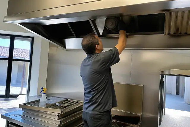 Contractor inspecting a commercial kitchen exhaust hood and grease filters at a jobsite in Peoria, AZ.