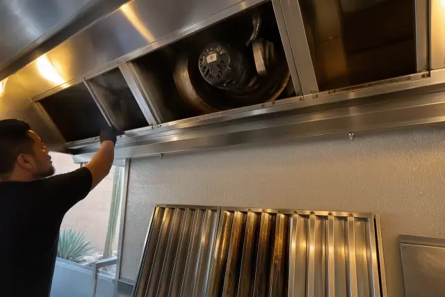 Contractor inspecting a commercial kitchen exhaust hood and baffle filters at a restaurant in Avondale, AZ.