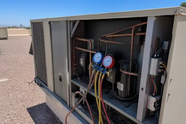 Commercial HVAC technician performing a rooftop unit repair on a gravel roof in Phoenix, AZ.