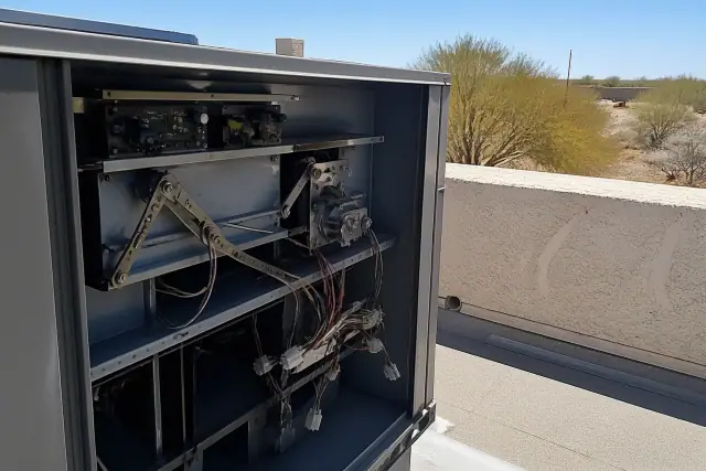 Rooftop HVAC unit and economizer controls on a flat roof with desert views in Phoenix, AZ.