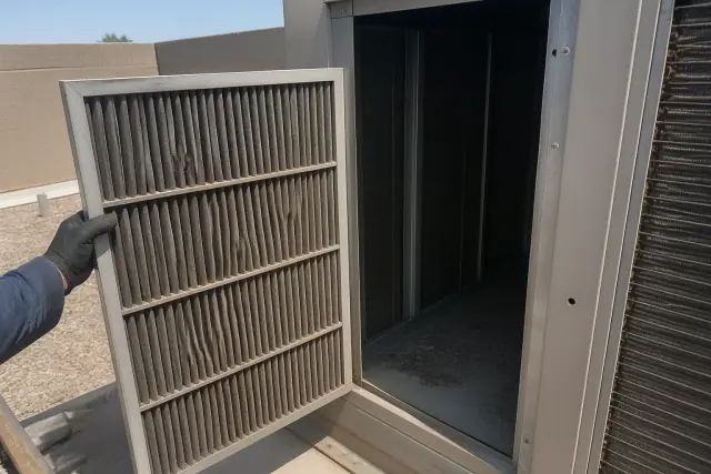 Technician inspecting a dusty rooftop unit air filter at a commercial building in Phoenix, AZ.