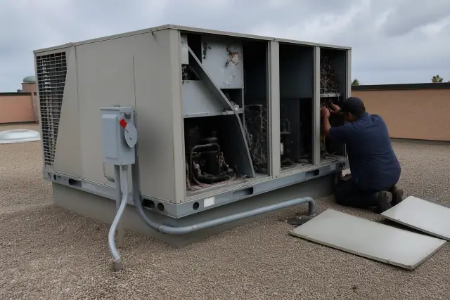 Newly installed rooftop commercial HVAC unit on a gravel roof in Phoenix, AZ.