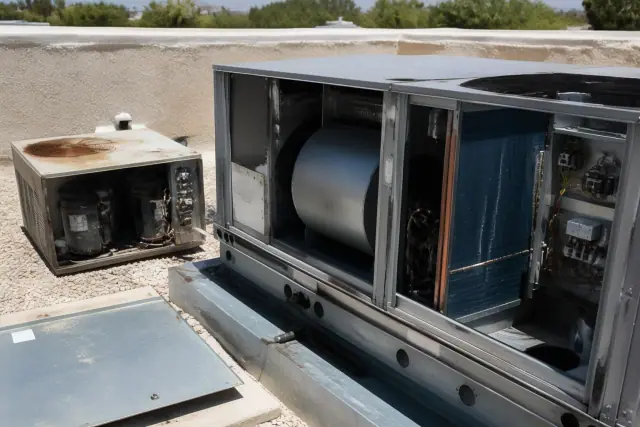 Commercial HVAC technician replacing a rooftop unit with exposed cooling coils and old compressor on a roof in Phoenix, AZ.