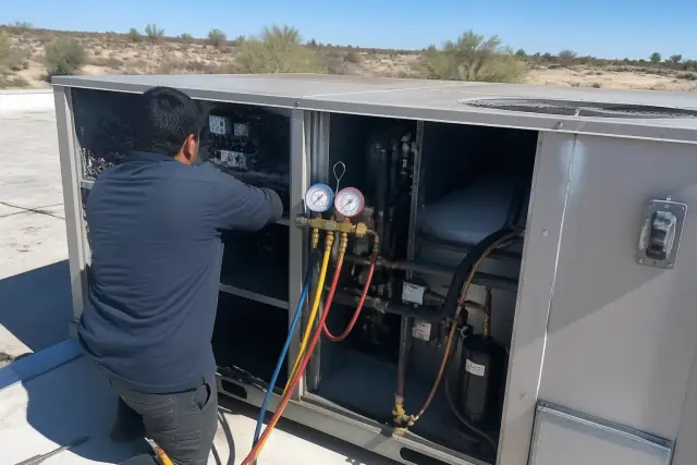 HVAC technician performing a seasonal tune-up on a rooftop unit in Peoria, AZ.