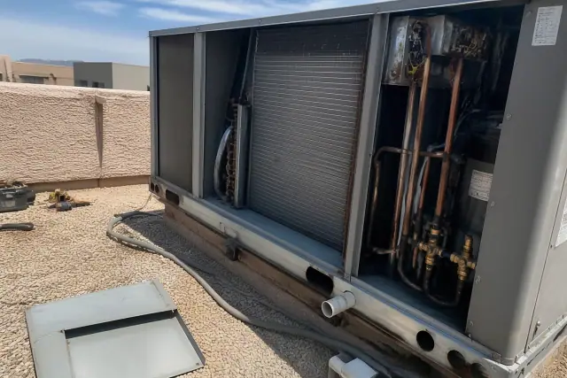 HVAC technician performing a seasonal tune-up on a commercial rooftop unit in Avondale, AZ.