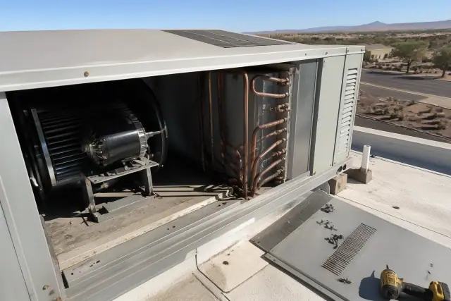 HVAC technician performing a seasonal tune-up on a commercial rooftop unit in Glendale, AZ.