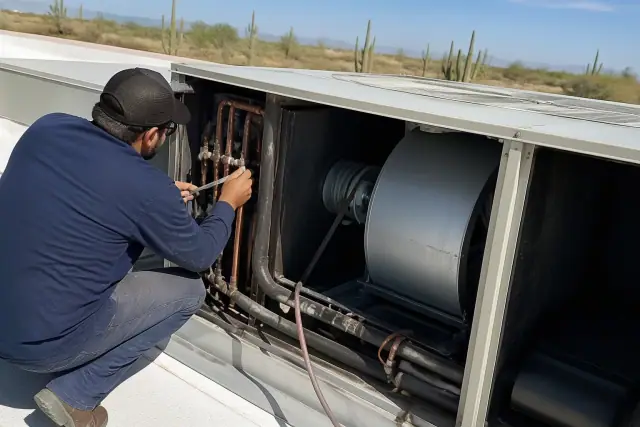Technician performing a rooftop unit tune-up with exposed internal blower and copper piping in Phoenix, AZ.