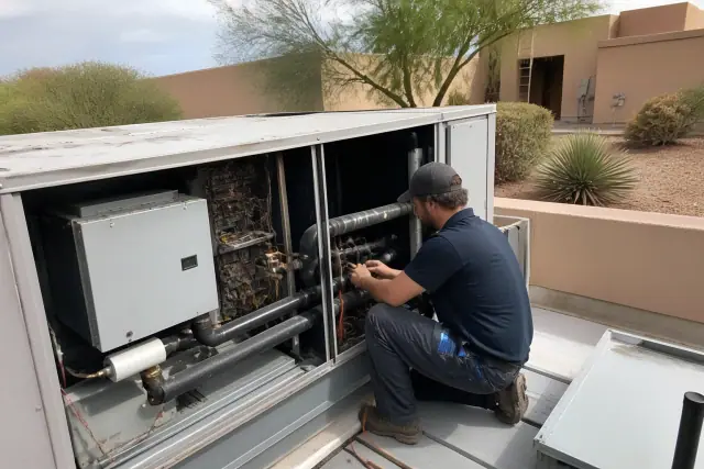 HVAC technician performing a seasonal tune-up on a commercial rooftop unit in Scottsdale, AZ.