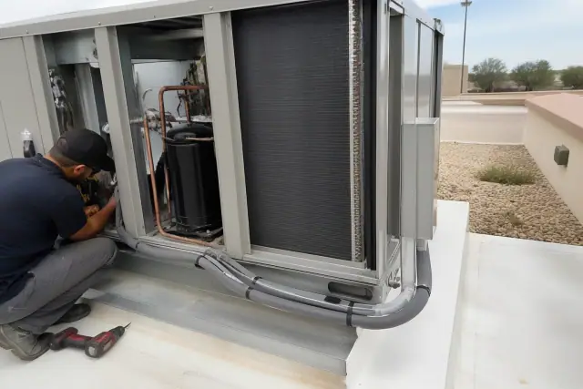 Technician performing a seasonal HVAC rooftop unit tune-up on a commercial building in Surprise, AZ.