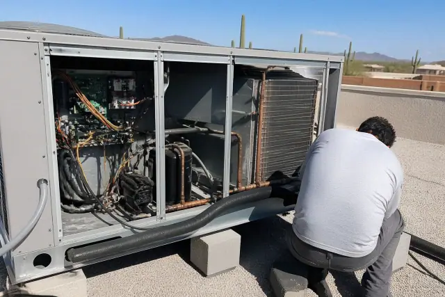Technician performing a seasonal HVAC tune-up on a commercial rooftop unit in Phoenix, AZ.