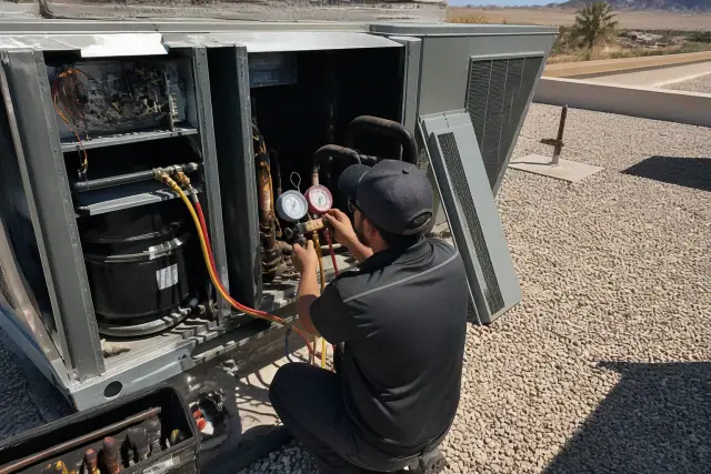 Technician performing a seasonal tune-up on a rooftop HVAC unit with manifold gauges in Phoenix, AZ.