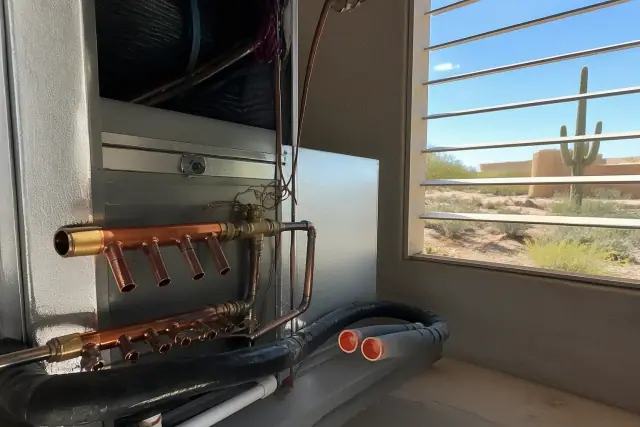 Air handler retrofit in a Phoenix, AZ mechanical room showing copper pipes and a desert view through a vent window.