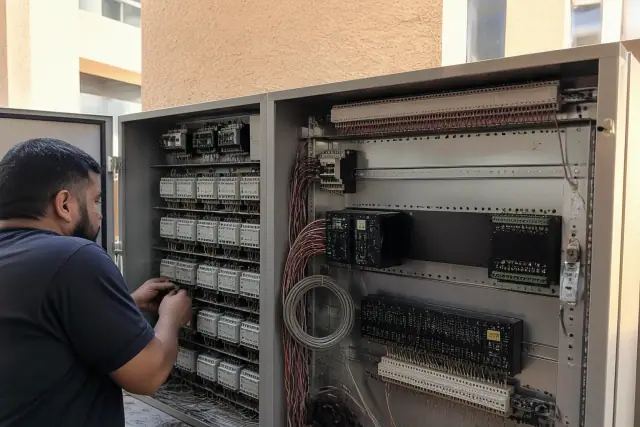 Technician wiring a building automation control cabinet in Phoenix, AZ, showing different sizes of control systems.