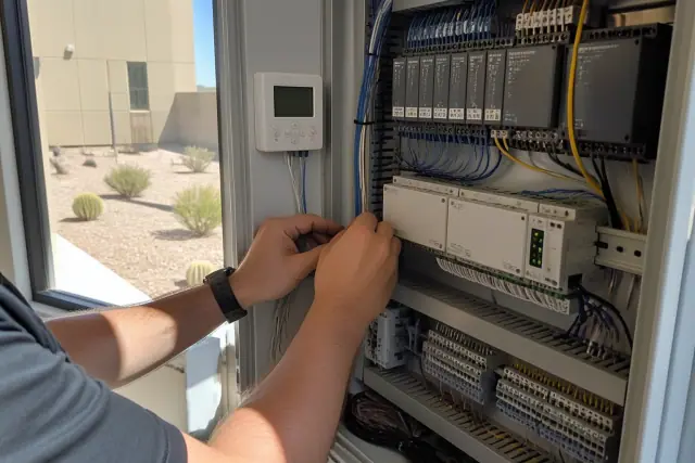 Technician wiring a commercial HVAC control cabinet in a Phoenix, AZ building.