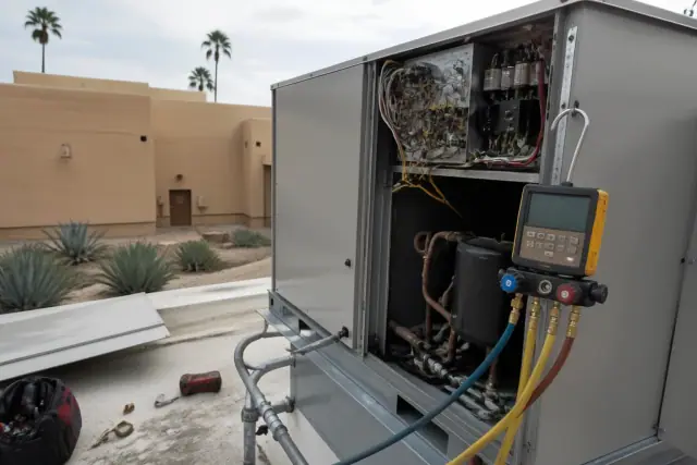 Digital refrigeration gauges attached to a rooftop HVAC unit during a seasonal tune-up in Phoenix, AZ.