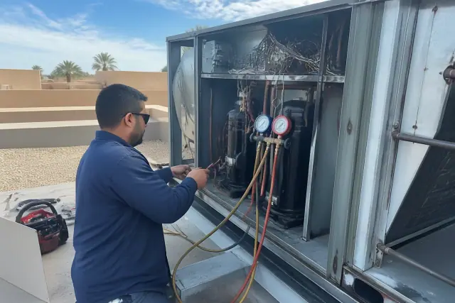 Technician performing a rooftop HVAC unit startup test at a building in Phoenix, AZ.