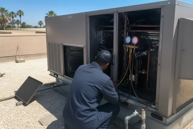 Technician performing a seasonal tune-up on a rooftop commercial HVAC unit in Phoenix, AZ.