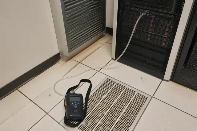 Technician using an air quality sampling pump to test for VOCs near a server rack in a Phoenix, AZ facility.