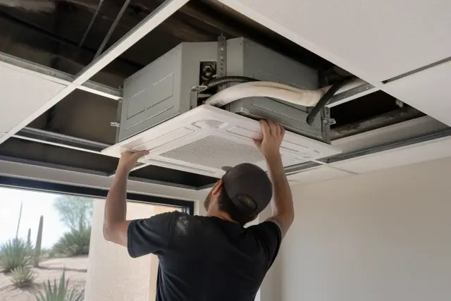 Technician installing a VRF ceiling cassette unit at a commercial HVAC worksite in Phoenix, AZ.