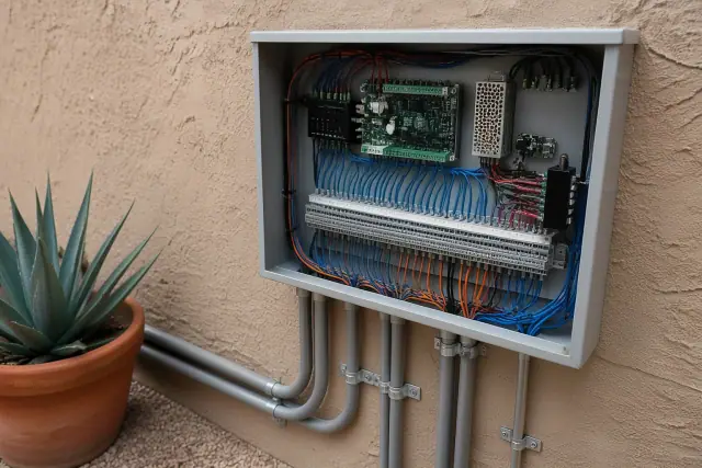 Neatly routed VRF control wiring and BMS integration in a mechanical utility area in Phoenix, AZ.