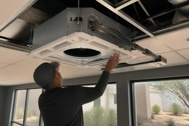 Technician installing a ceiling-cassette VRF unit in a Phoenix, AZ commercial building.