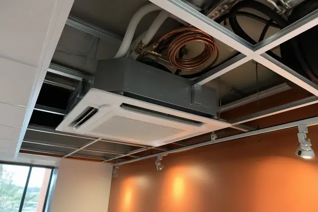 Ceiling-mounted VRF system installation in a commercial office with an accent wall in Phoenix, AZ.