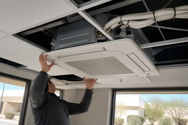 Technician installing a ceiling-cassette VRF unit into a drop ceiling at a job site in Phoenix, AZ.
