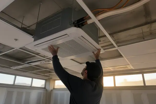 Technician installing a ceiling-cassette VRF unit into a drop ceiling grid at a commercial jobsite in Mesa, AZ.
