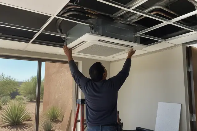 Technician installing a ceiling-cassette VRF unit in a Glendale, AZ commercial building.