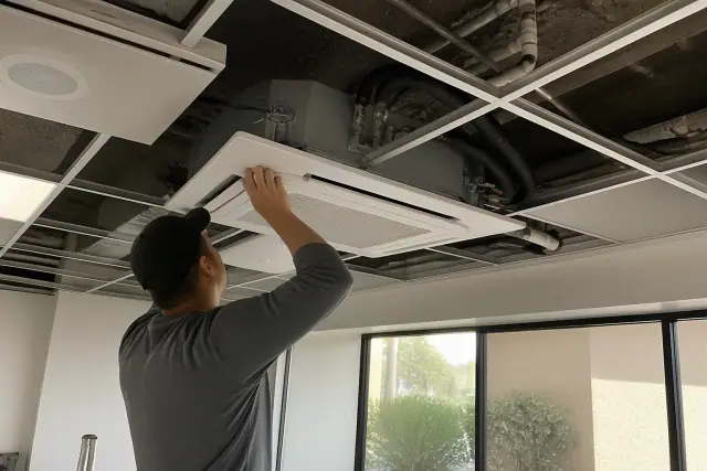 Technician installing a VRF indoor ceiling cassette unit in a commercial building in Peoria, AZ.
