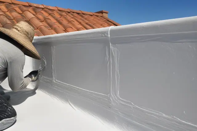 Seamless rubberized coating applied to a parapet wall flashing on a tile roof in Phoenix, AZ.