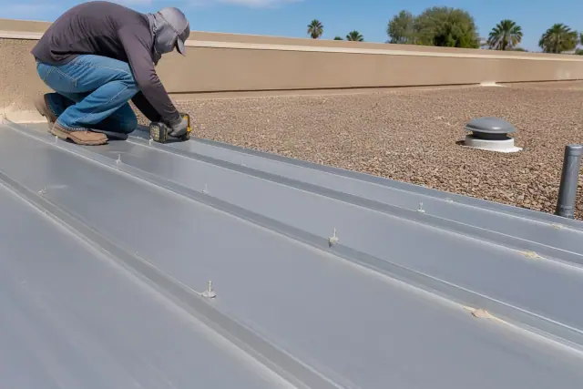 Metal roofing panels being fastened with industrial screws on a building roof in Phoenix, AZ.