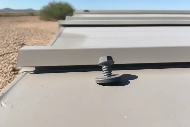 A metal fastener backed out from a roof deck with a loose washer under the bright sun in Phoenix, AZ.