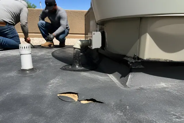 A cracked tear in a dark roof membrane near ventilation equipment on a building in Phoenix, AZ.