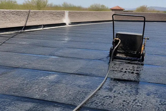 Mobile heating equipment melting bitumen for a built-up commercial roof in Goodyear, AZ.