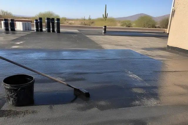 Built-up roofing installation showing bitumen-saturated felt layers on a commercial building roof in Buckeye, AZ.