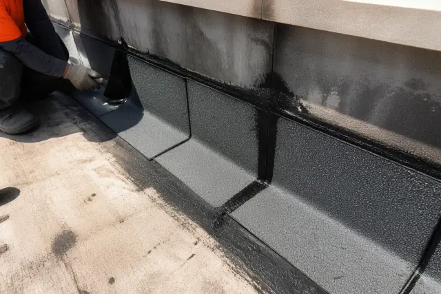 Built-up roofing with bitumen layers and mineral cap sheet on a parapet wall in Phoenix, AZ.