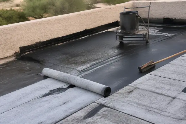 Built-up roofing with layered bitumen, felt plies, and a hot-mopping brush on a roof deck in Glendale, AZ.