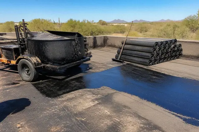 Layered bitumen felt rolls and a fresh asphalt coating on a commercial roof in Scottsdale, AZ.