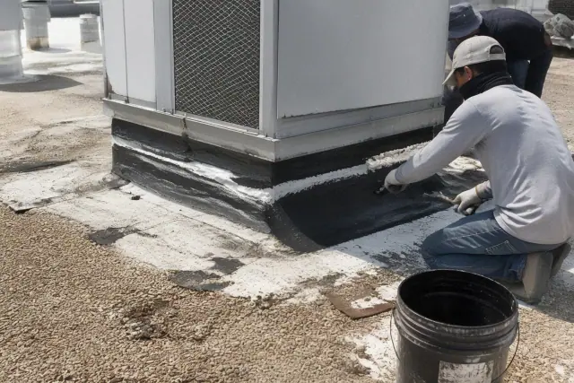 Technicians inspecting built-up roofing and membrane detailing around a rooftop HVAC unit in Phoenix, AZ.